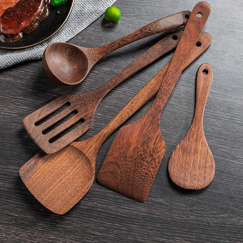 Non-Stick Wooden Kitchen Utensils Set - Soup Spoon, Spatula, and Rice Shovel for Cooking Accessories