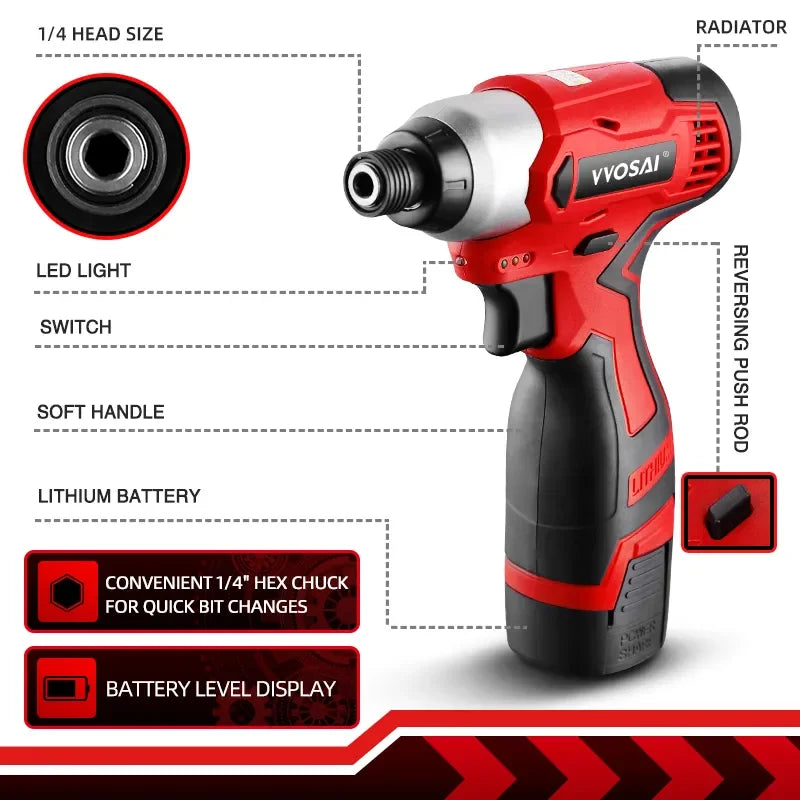 VVOSAI 16V Electric Drill Screwdriver 100N.m Impact Driver Cordless Drill Household Multifunction Hit Power Tools MT-SER  ourlum.com   