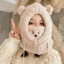 Hat Female Cute Bear Mask One-Piece Knitted Winter Scarf