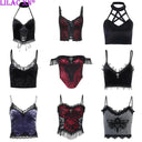 Gothic Cross Print Lace Trim Crop Top Edgy Corset Tank