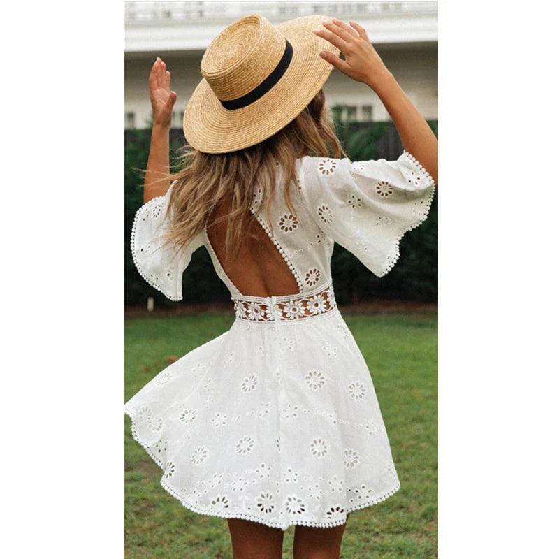 Elegant White Cotton Embroidered Summer Dress: Chic Statement Piece  ourlum.com   