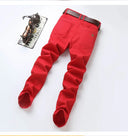 Korean Men Denim Jeans Casual Red Yellow Pink Youth Party Young Classic Male Straight Jeans Design Fashion Pants Elastic