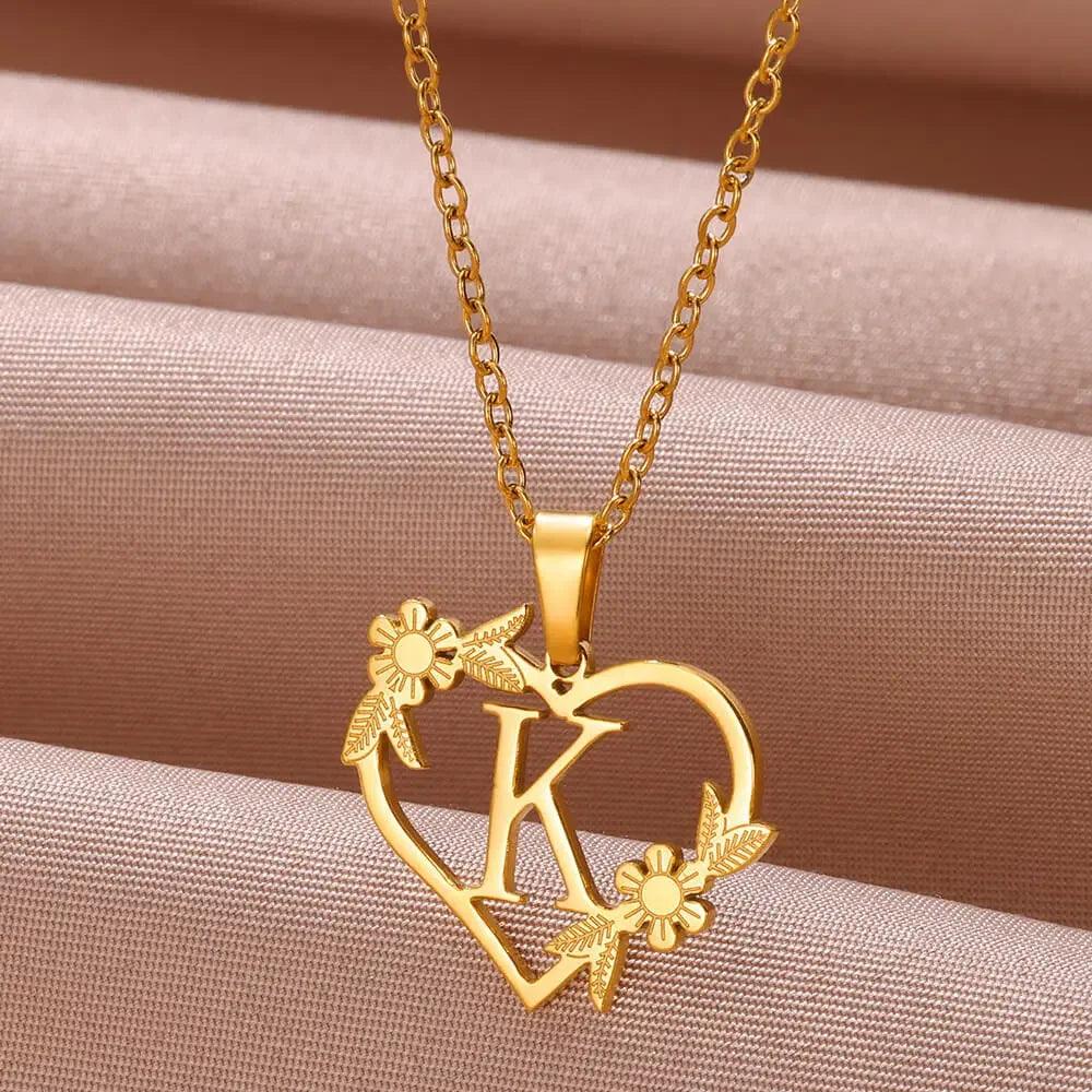 Golden Floral Heart Choker Necklace - Stainless Steel Alphabet Jewelry