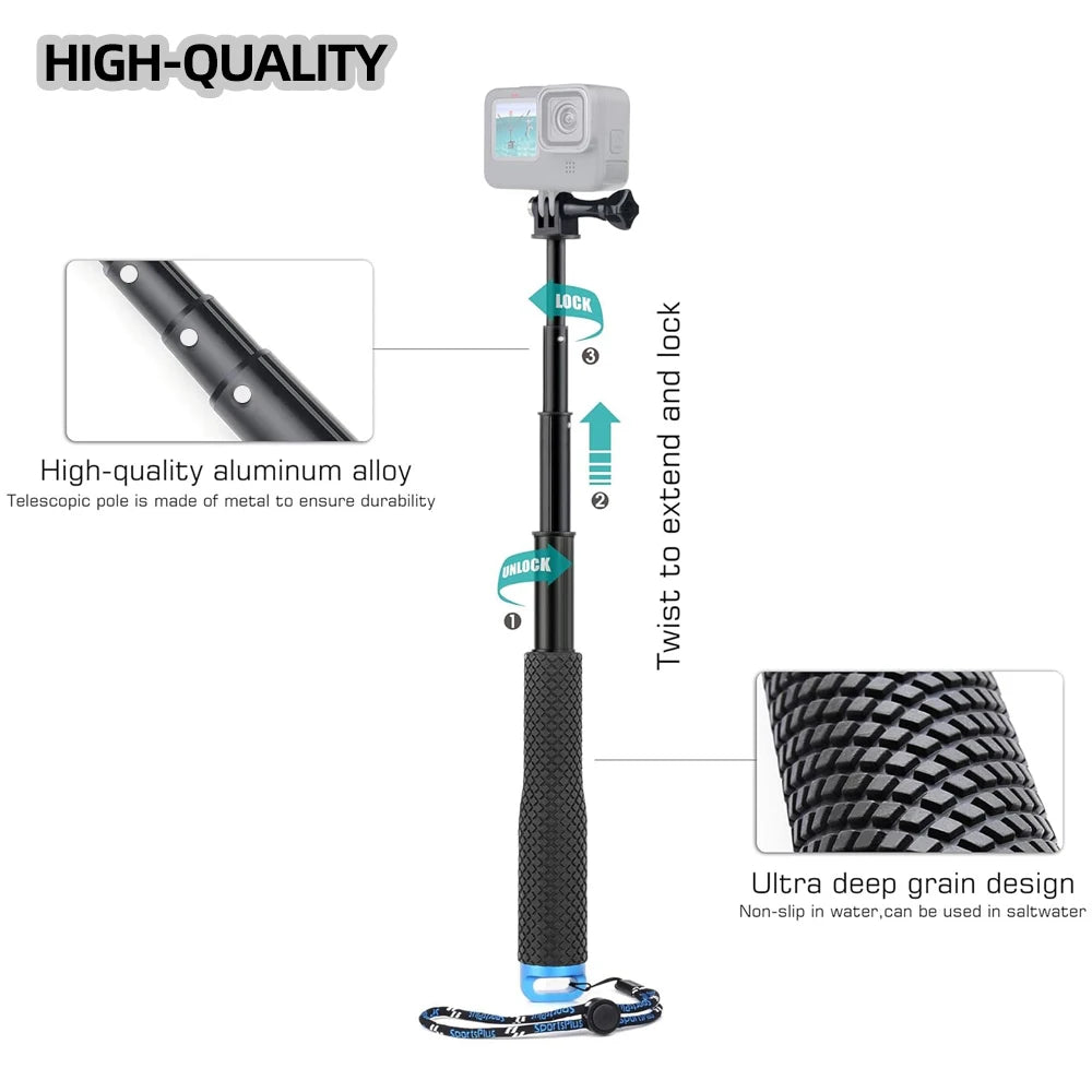 For GoPro 37"/94cm Selfie Stick Aluminum Adjustable Hand Grip Monopod Pole For GoPro Hero 13 12 11 10 Insta360 X3 DJI Action 4 3