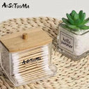 Wooden Lid Cotton Swab Holder - Elegant Bathroom and Apothecary Storage Solution  ourlum.com Transparent  