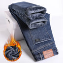 Winter Fleece Thick Warm Men's Slim Straight Denim Pants