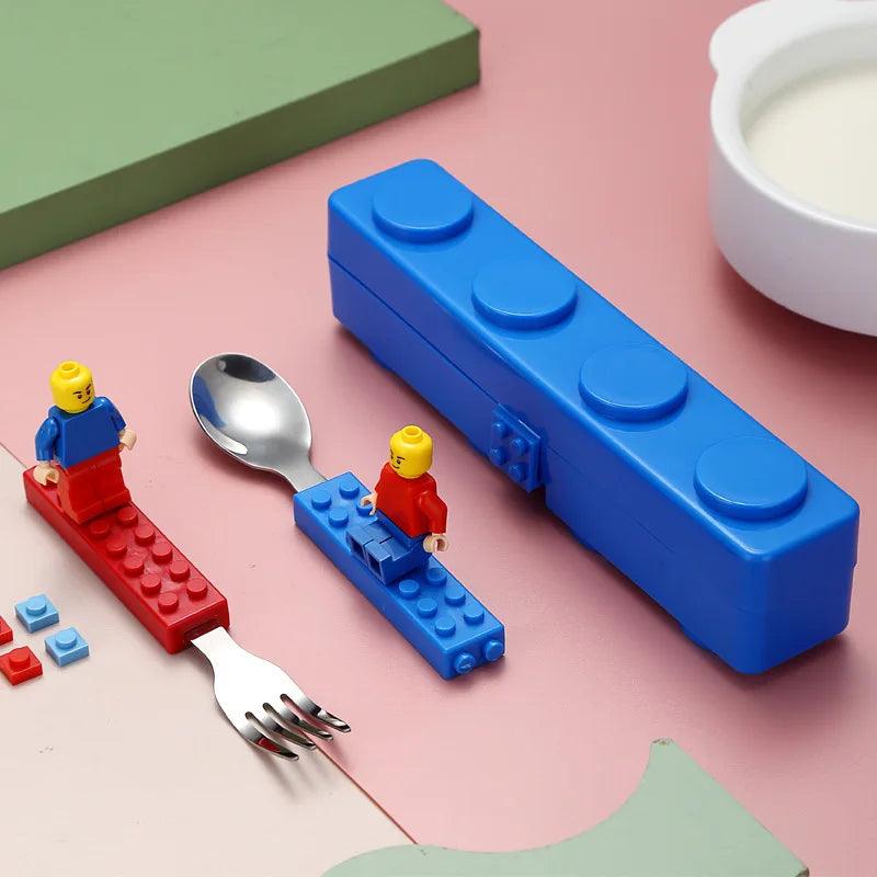 Kids Cartoon Stainless Steel Tableware Set with Building Block Toys  ourlum.com   