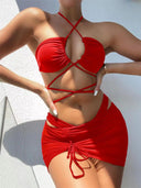 Lace-Up Bikini Set with Skirt - Flattering High Waist Swimwear