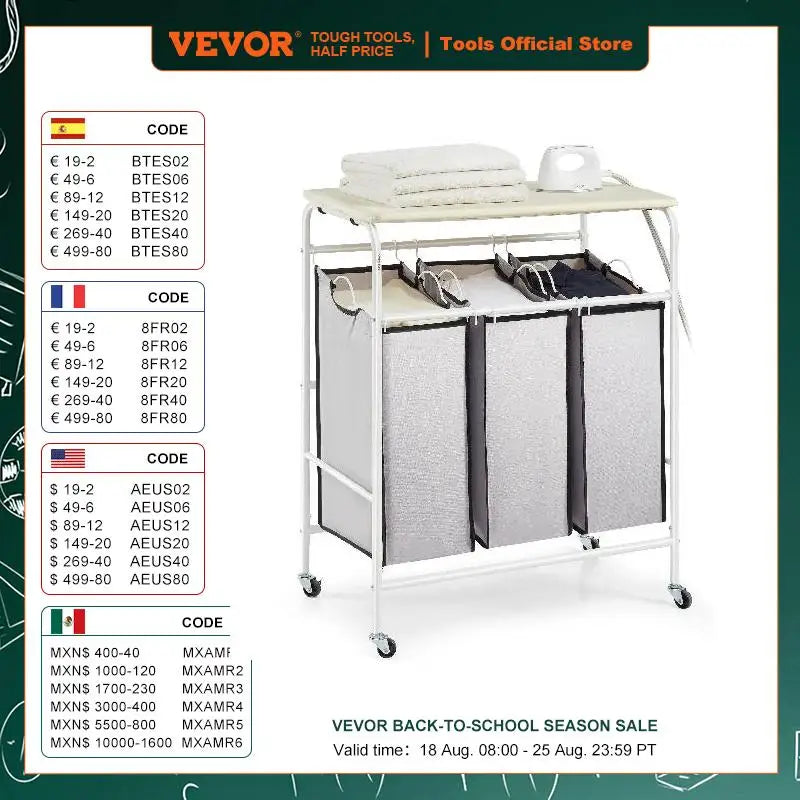 VEVOR 3/4-Section Laundry Sorter Cart W/ Ironing Board Laundry Hamper Rolling Laundry Basket Sorter for Clothes Cleaning Storage