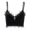 Gothic Cross Print Lace Trim Crop Top Edgy Corset Tank