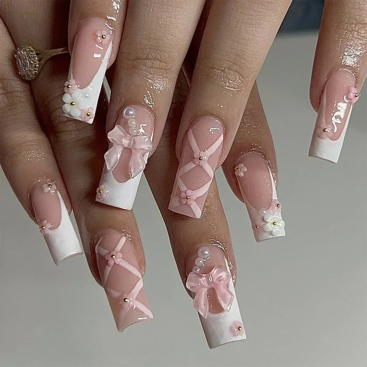 24Pcs Pink Bow Design False Nails Long Ballet Press on Nails with Pearl Wearable Coffin Fake Nails French Square Finger Nail  ourlum.com 2816  