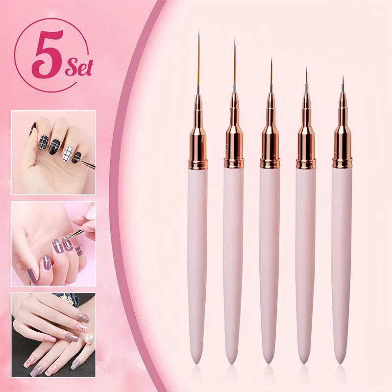 5 Pcs Nail Art Liner Brushes Set Elongated Lines Striping Drawing UV Gel Painting Nail Design Pen Professional Manicure Tool  ourlum.com   