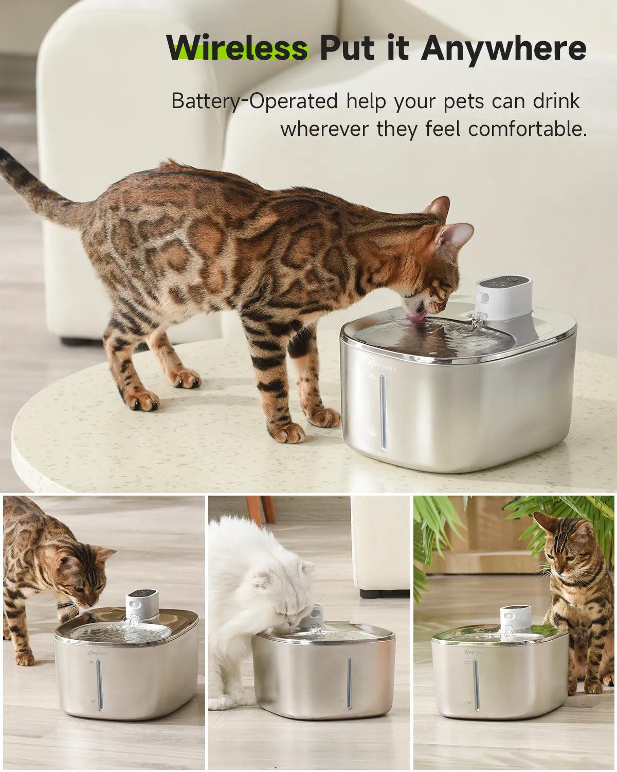 Wireless Cat Water Fountain with Motion Sensor: Convenient, Stainless Steel, Rechargeable, Quiet Operation - Hydration for Pets.  ourlum.com   