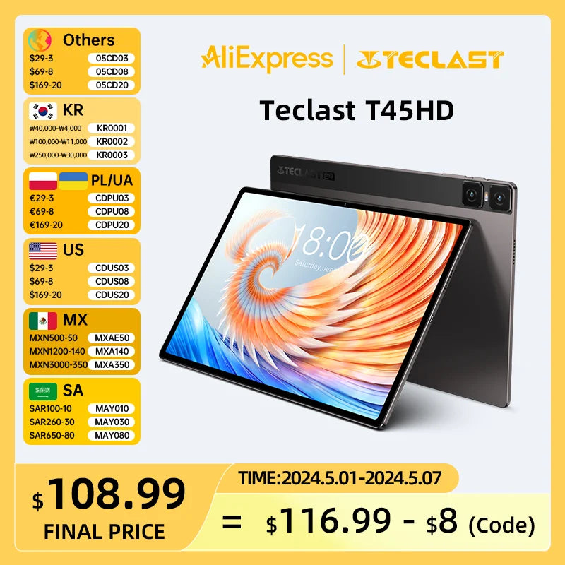 Teclast T45HD 10.51 inch Tablet Android 13 Incell Fully Laminated 8GB+8GB RAM 128GB ROM UNISOC T606 8-Core 1200x1920 IPS 4G LTE