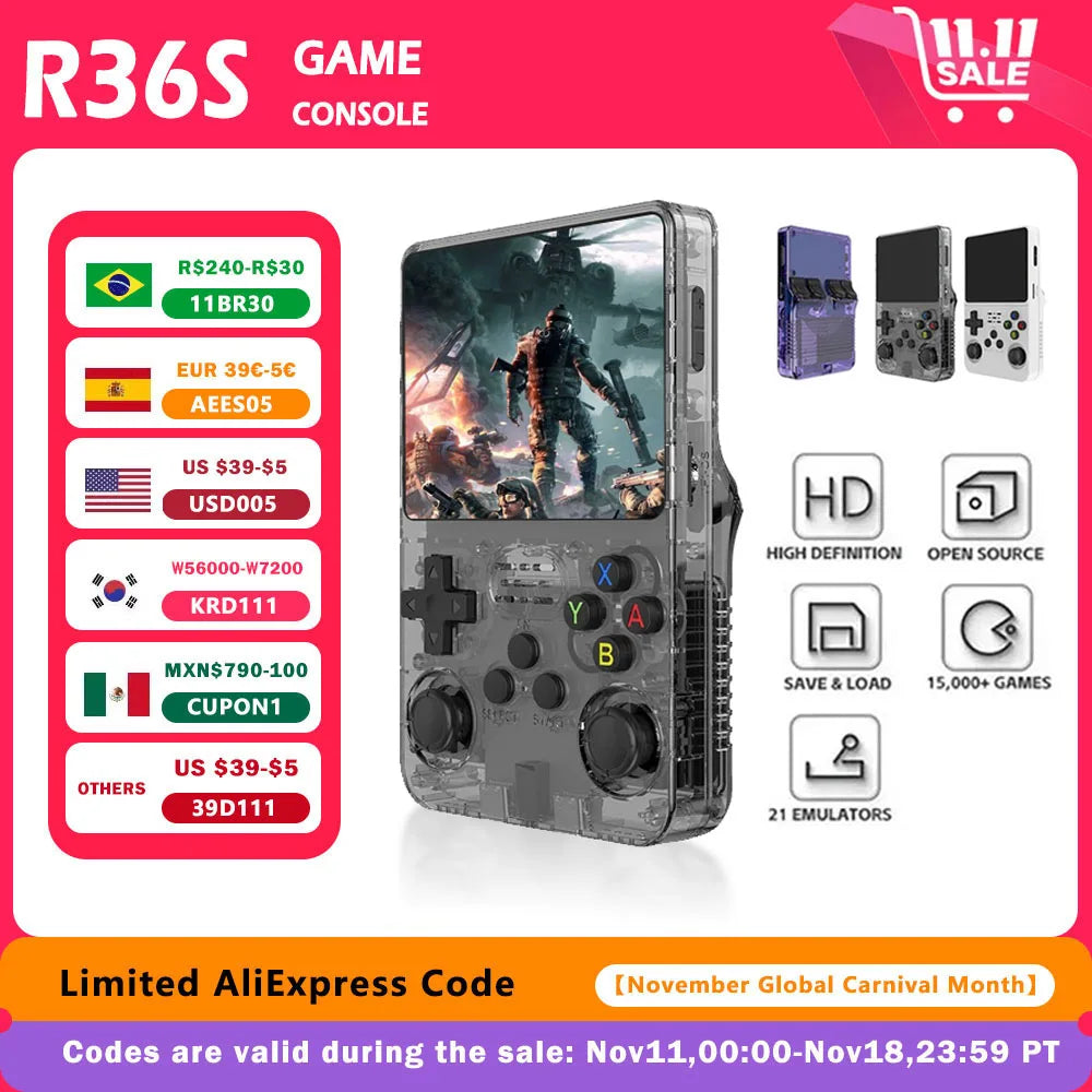 R36S Retro Handheld Video Game Console Linux System 3.5-inch IPS Screen Portable Handheld Video Player 64GB 15000 Games