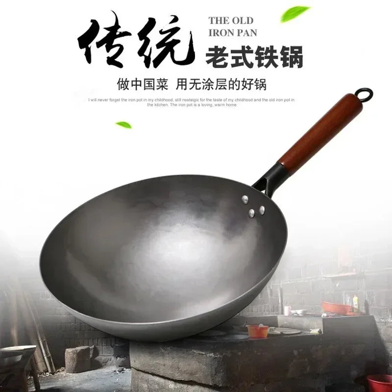 Handmade Traditional Chinese Iron Wok with Wooden Handle – Non-Stick Cooking Pan for Gas and Electric Stoves