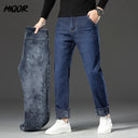 HIQOR Winter Fleece Thick Jeans Men Business Casual Pants