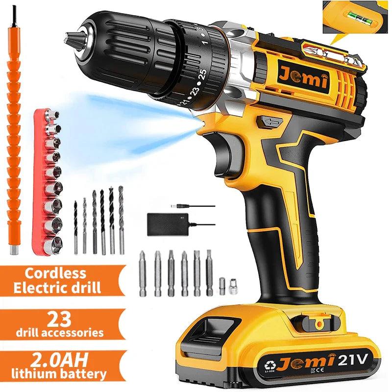 21V Cordless Drill Set, 23 Pieces Drill with 3/8" Keyless Chuck, 25 3 Clutch Drill with Work Light, Max Torque 45Nm, 2 Speeds  ourlum.com   