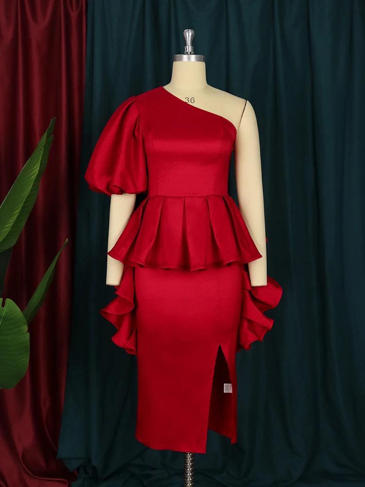 Ravishing Red One-Shoulder Peplum Dress with Lantern Sleeves  OurLum.com   