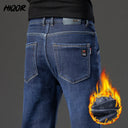 HIQOR Winter Fleece Thick Jeans Men Business Casual Pants