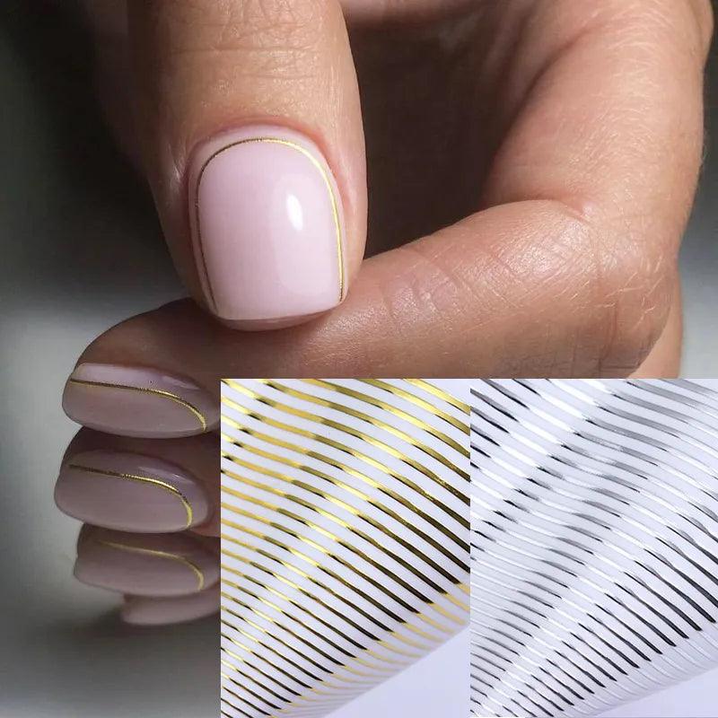 Gold 3D Nail Sticker Curve Stripe Lines Nails Stickers Gradient Adhesive Striping Tape Nail Foil Nail Art Stickers Decals Silver  ourlum.com   