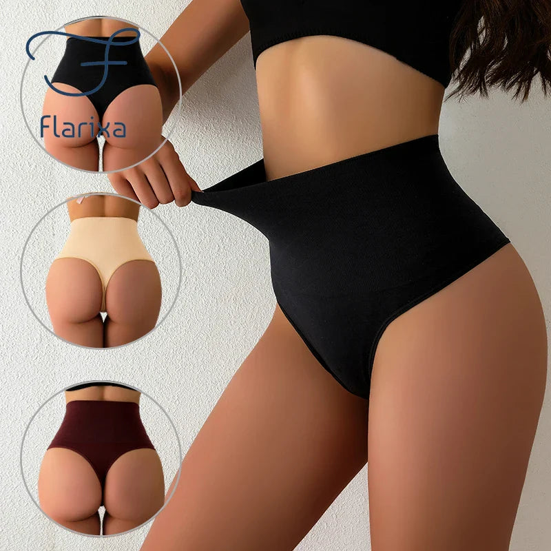 Flarixa Flat Belly Shaping Thong Seamless High Waist Panties Comfortable Tummy Control Pants Waist Shaper Briefs for Women