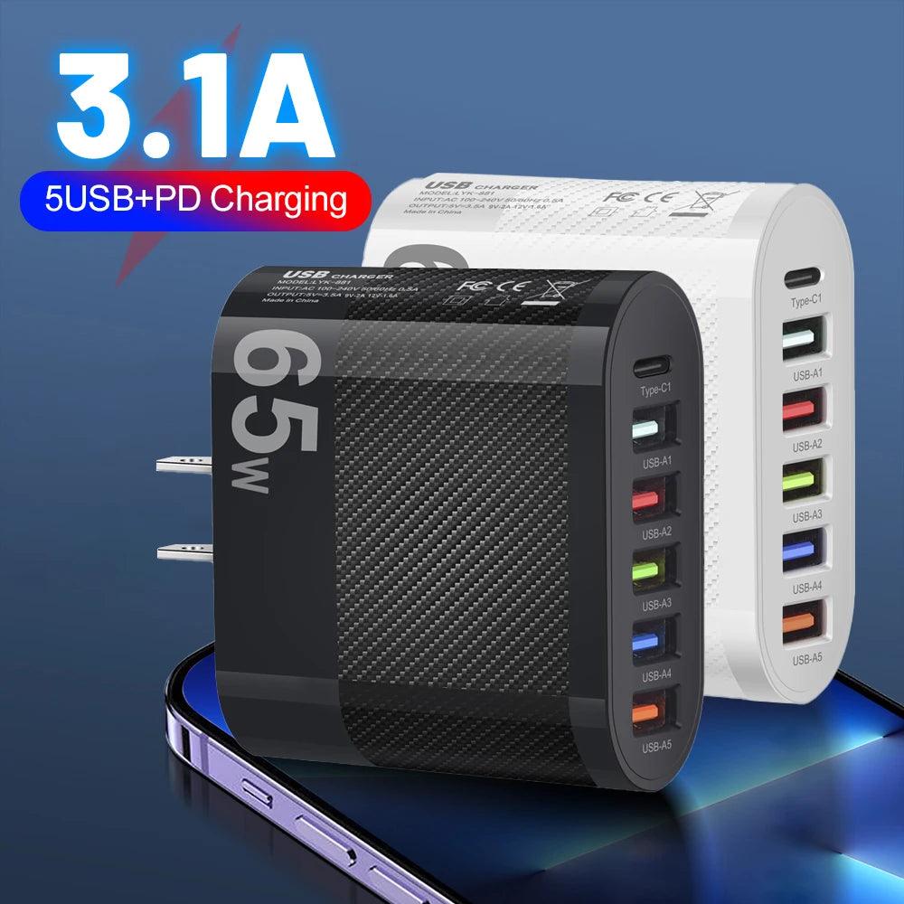5-Port USB Wall Charger with PD Fast Charging for Xiaomi iPhone 13 Samsung - QC 3.0 Plug Adapter  ourlum.com   