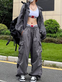 Y2K Parachute Black Pants Women Hippie Streetwear Cargo Trousers