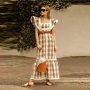 Elegant Striped Long Dress: Stylish Square Collar Robe