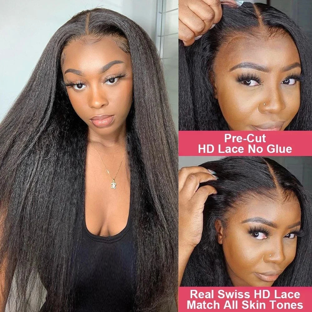 Premium Kinky Straight HD Lace Frontal Wig - Glueless Brazilian Human Hair, Pre-Plucked for Women