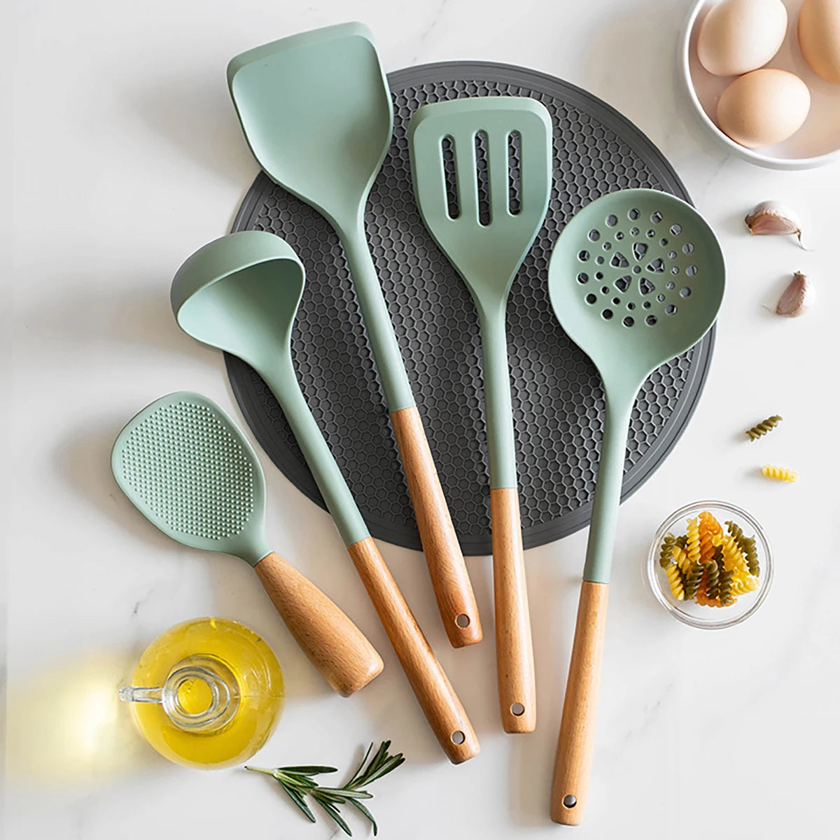 5-Piece Eco-Friendly Silicone Kitchen Utensils Set with Wooden Handles for Non-Stick Cooking and Serving