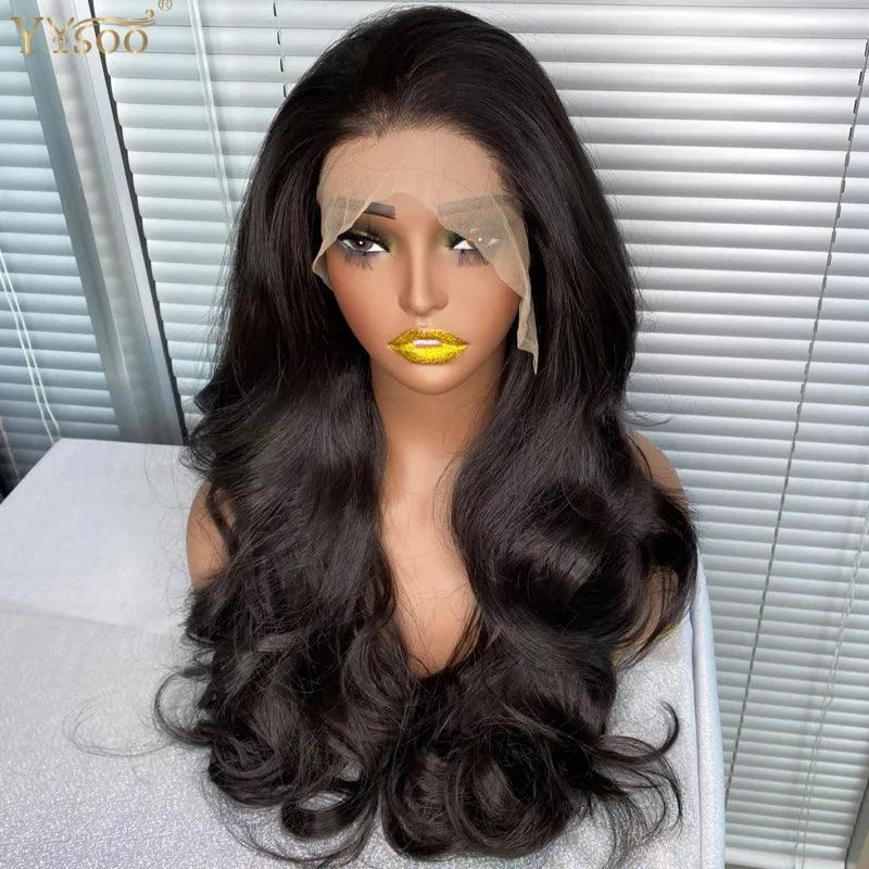 YYsoo Long Black Body Wave Lace Front Wig: Luxe Heat Resistant Hair