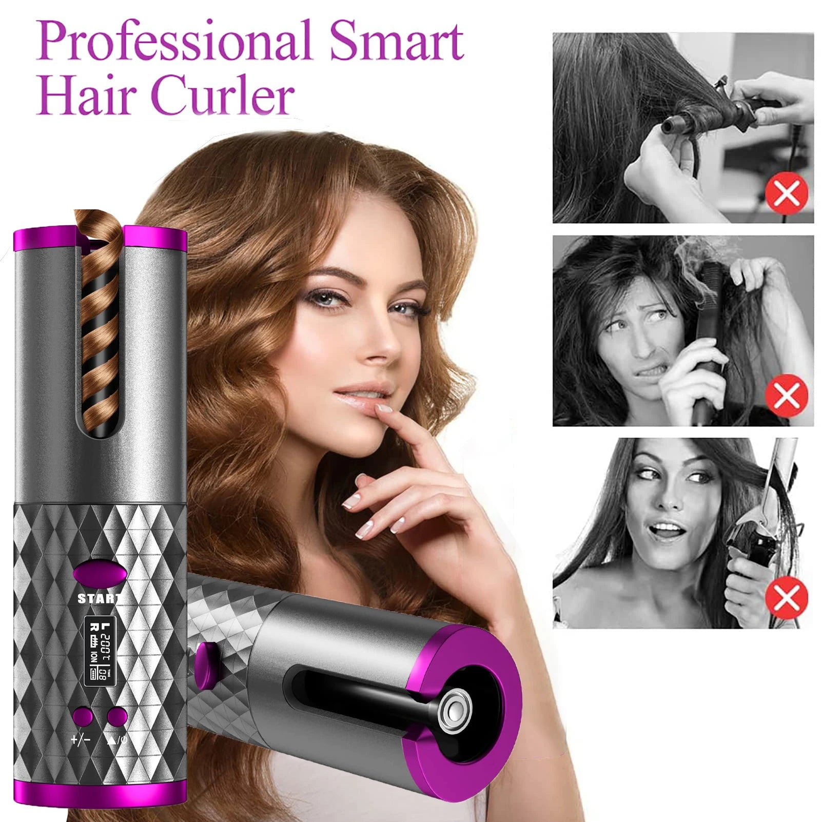 Cordless Curling Iron, USB Rechargeable, Ceramic Automatic Rotating Hair Curler with 6 Temps, Portable Hair Dryer Styler,Timers