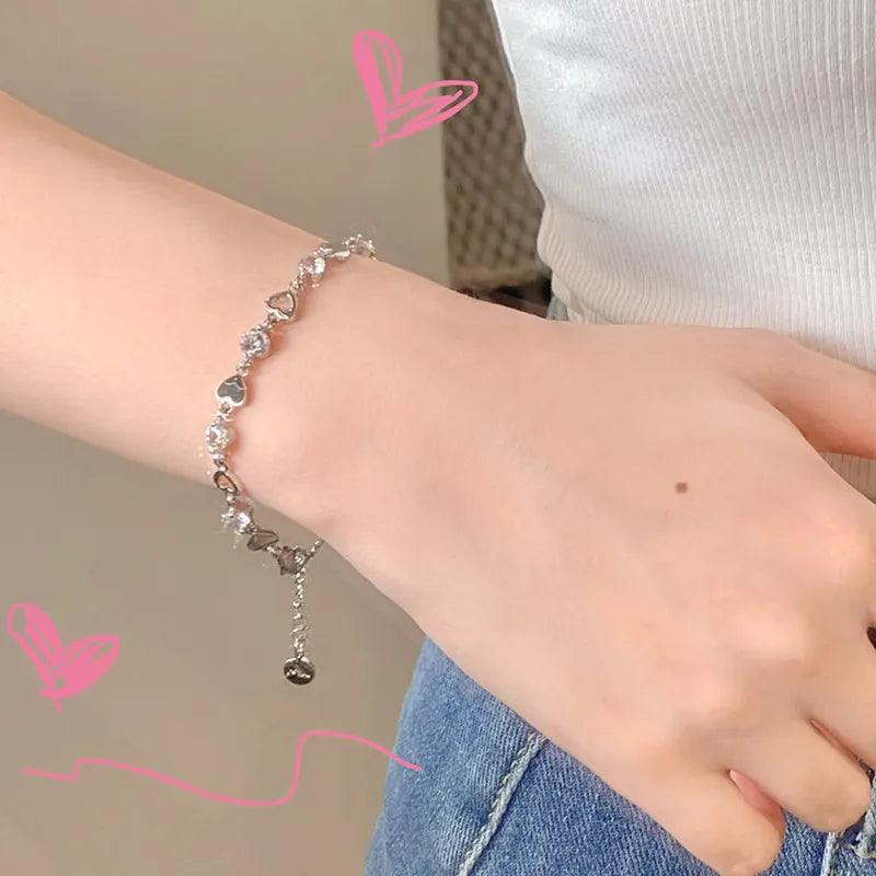 Y2K Zircon Ins Women's Bracelet with Sparkling Hollow Heart Chain - Trendy Korean Fashion Jewelry  ourlum.com   