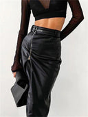 Vintage Black PU Leather Zipper Skirt Edgy Streetwear Chic