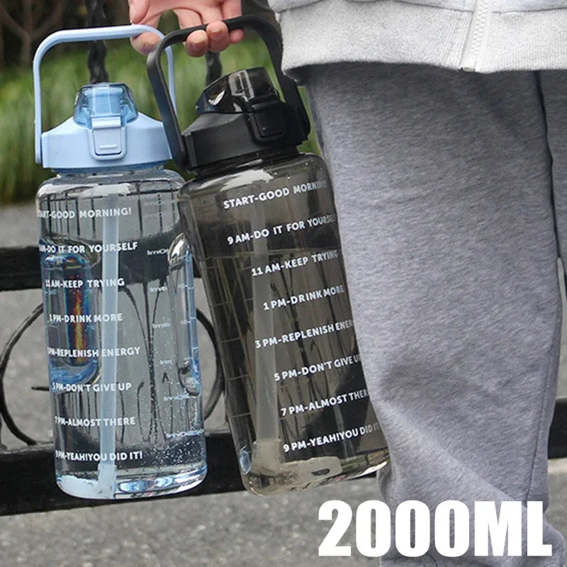 2L Portable Plastic Water Bottle with Straw - Motivational Fitness Kettle for Travel and Sports