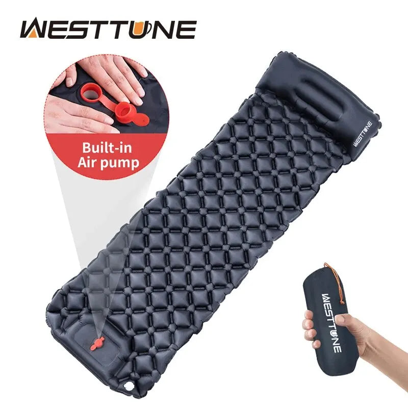 WESTTUNE Camping Inflatable Mattress Ultralight Outdoor Sleeping Pad with Pillow Built-in Pump Air Mat for Backpacking Hiking