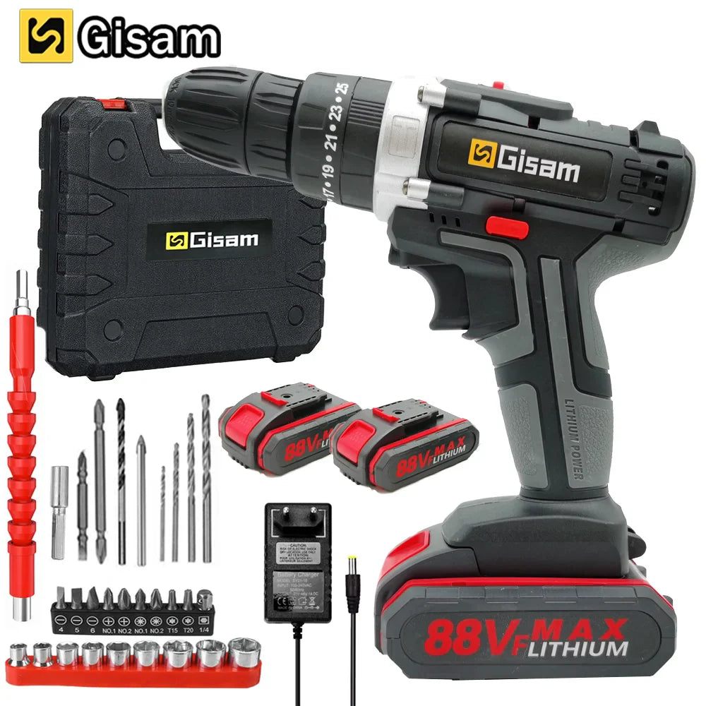 Gisam 88VF Electric Impact Drill Cordless Electric Screwdriver Drill Rechargeable Lithium Battery 2 Speeds Household Power Tools  ourlum.com   