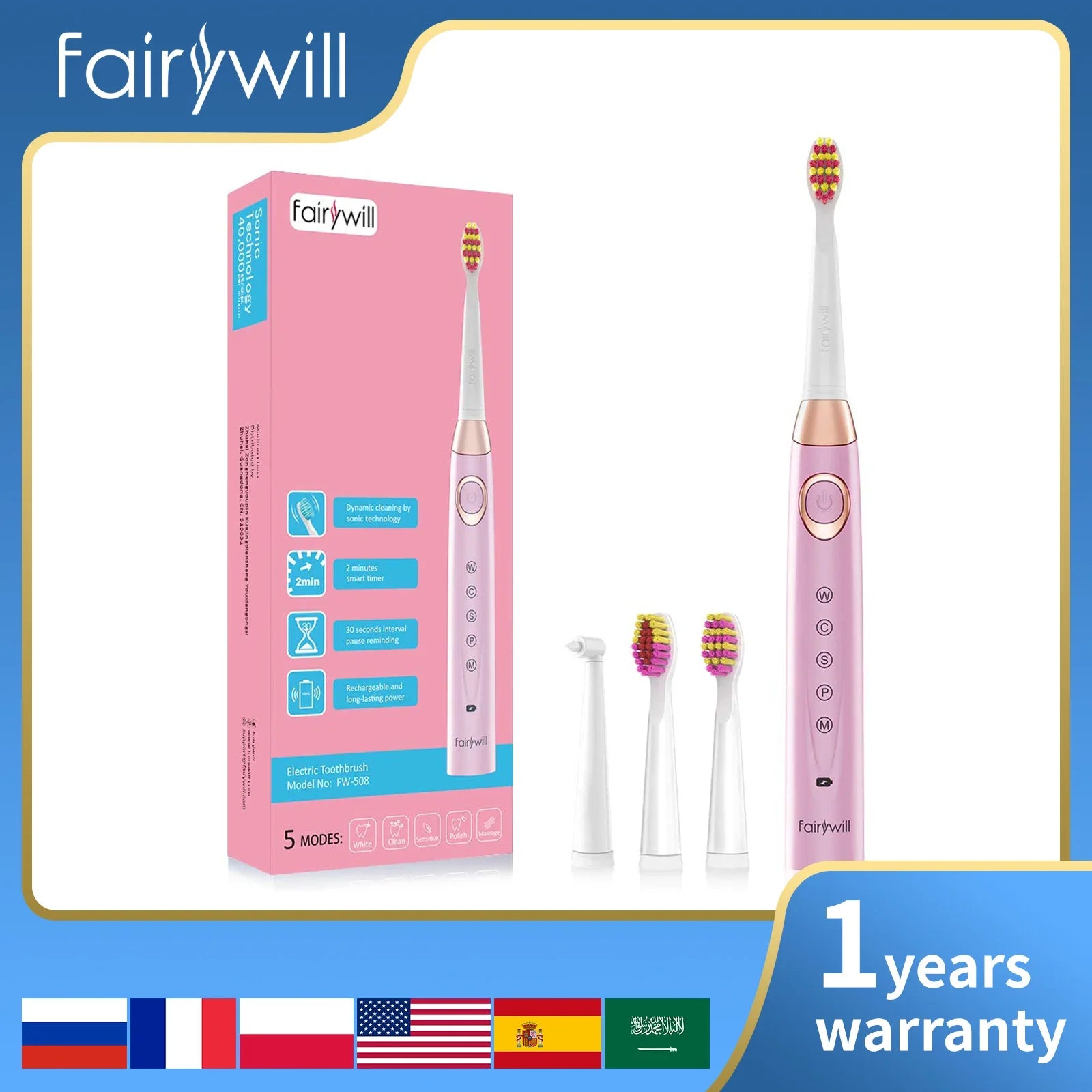 Fairywill Electric Toothbrush Waterproof FW508 Sonic Cleaning USB Rechargeable Fast Charge Toothbrush with Timer Adult Whitening