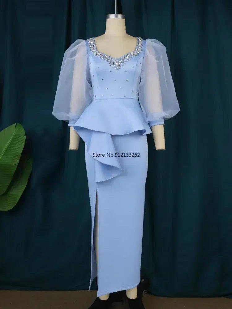 Blue Peplum Robe Dress with Beaded Lantern Sleeves - Elegant Nightwear  OurLum.com   