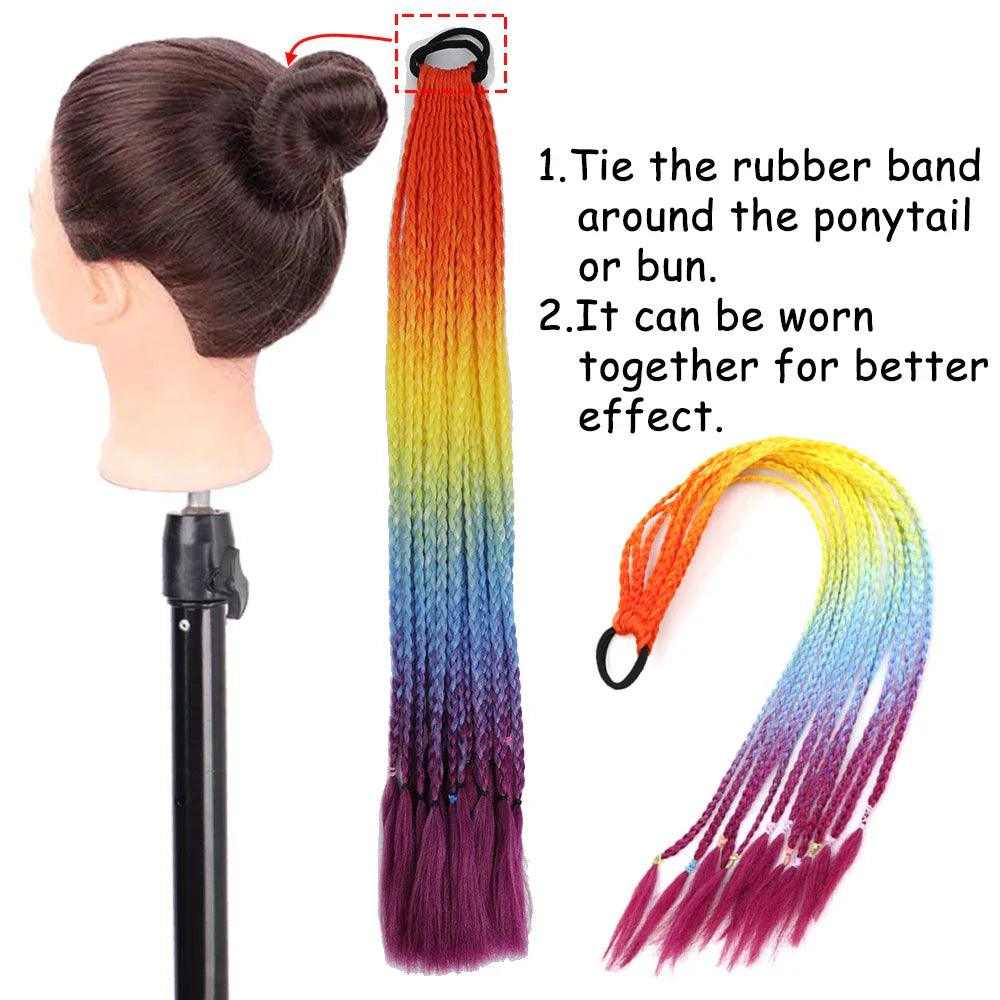 Rainbow Braided Ponytail Hair Extension: Colorful Pigtail for Girls - Unique Design, High Quality, Easy to Use