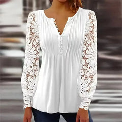 Lace Pleated V Neck Blouse: Elegant Hollow Button Shirt - Women's Chic Feminine Top