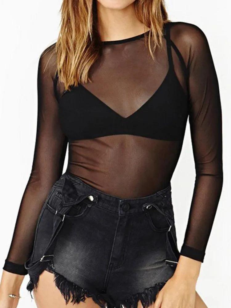 Sultry Black Mesh Long Sleeve Women's Blouse - Chic Punk Clubwear  ourlum.com   