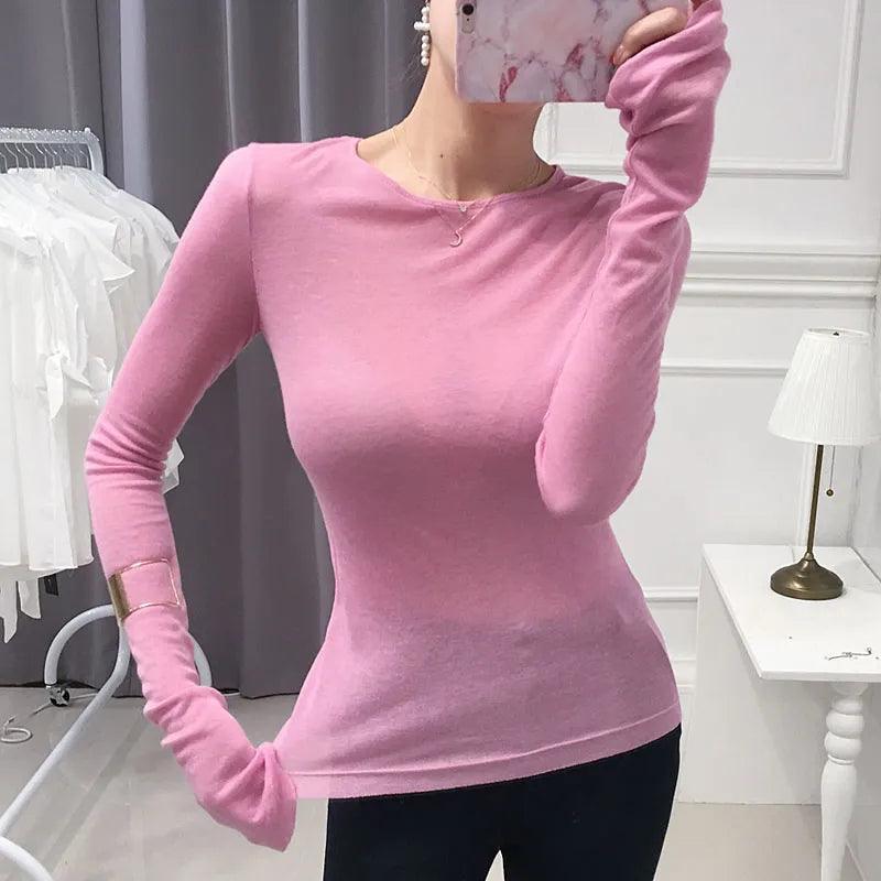 Elegant Slim-Fit Korean Style Women's Long Sleeve T-Shirt  ourlum.com   