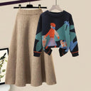 Winter Cartoon Print Knit Sweater & Skirt Set Chic Party