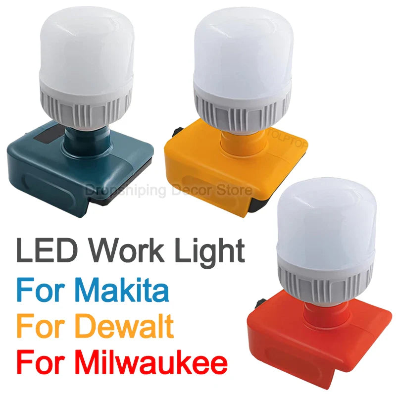 for Makita/Dewalt/Milwaukee 18V 20V Li-ion Battery Bulb Lamp LED Work Light Dimmable Protable Handheld Flashlight Camp Lighting