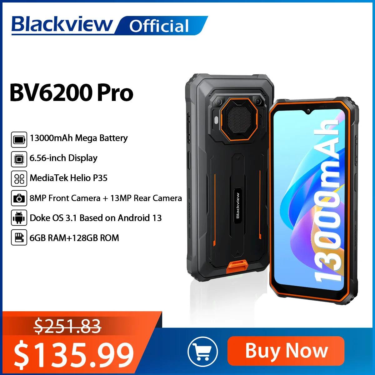 Blackview BV6200 Pro Rugged Smartphone - Android 13, 6.56” Display, 13000mAh Battery, 18W Fast Charge, NFC, Dual SIM, Waterproof, MIL-STD-810G Certified