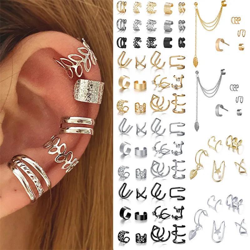 Silver Leaf Design Ear Cuff Clip Earrings Set for Unisex - Stylish Non-Piercing Trendy Jewelry Gift  ourlum.com   