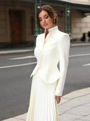 Elegant Stand Collar Dress Set Office Chic Pleated Skirt