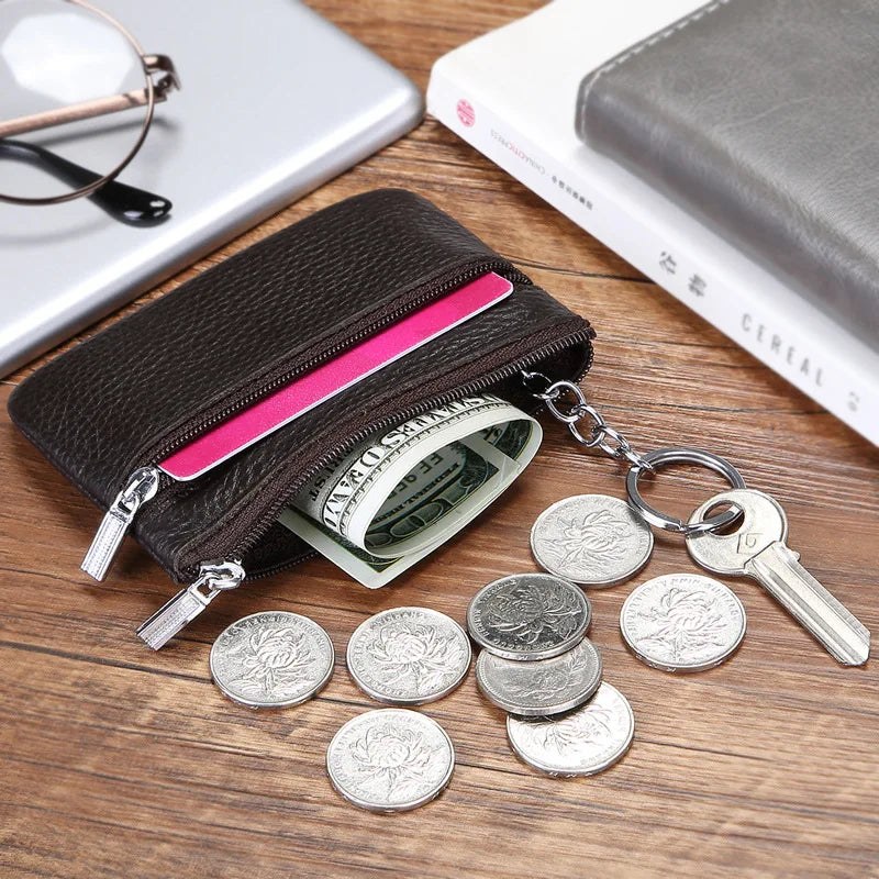 Leather 2 Zipper Coin Purse Wallet With Card Slots, Coin Organizer, Change Holder,Card Case, Leather Zipper Storage Bag for Men